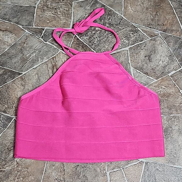 NWT Herve Leger x Forever 21 Hot Pink Knit Bandage Halter Top Sz Large - Picture 6 of 11